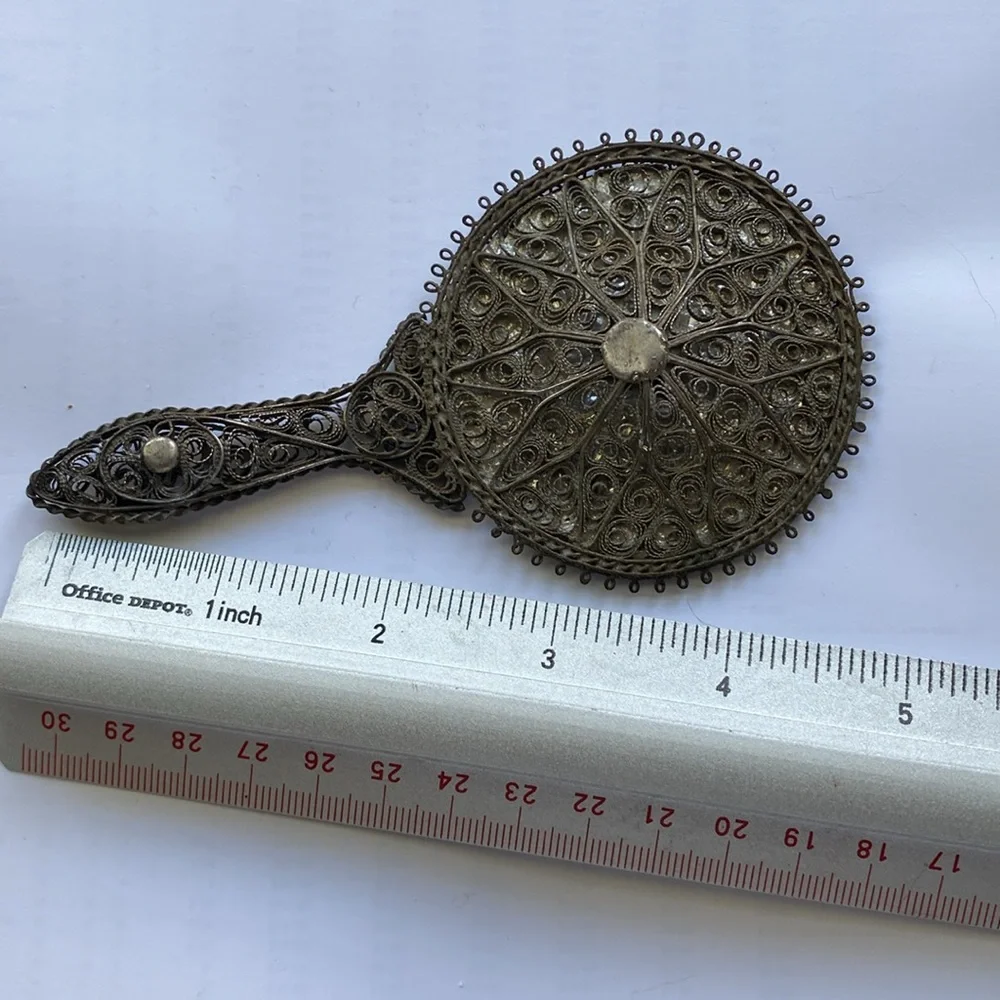 Antique Small Hand Mirror Silver Boudoir Filigree Traditional Art